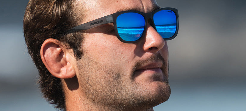 Male wearing Swank XL satin vapor with sky blue polarized lens