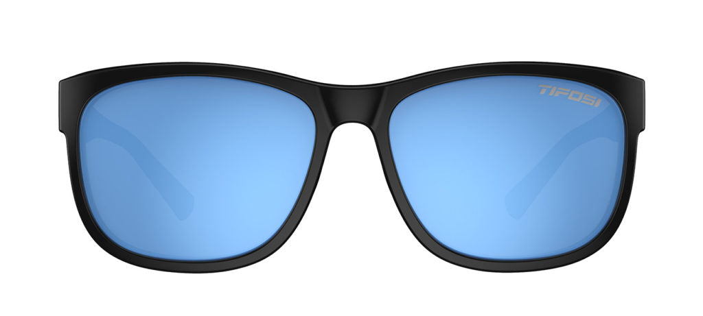 Swank XL gloss black with sky blue lens front view