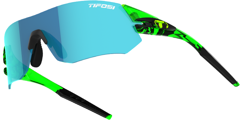 Image of Tsali showing that you can customize the sunglasses. Neon Green arms with Clarion Blue lens.