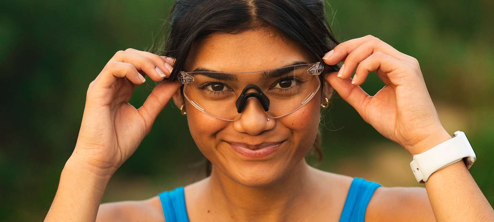 Woman wearing Vogel XC, Crystal Clear and smiling