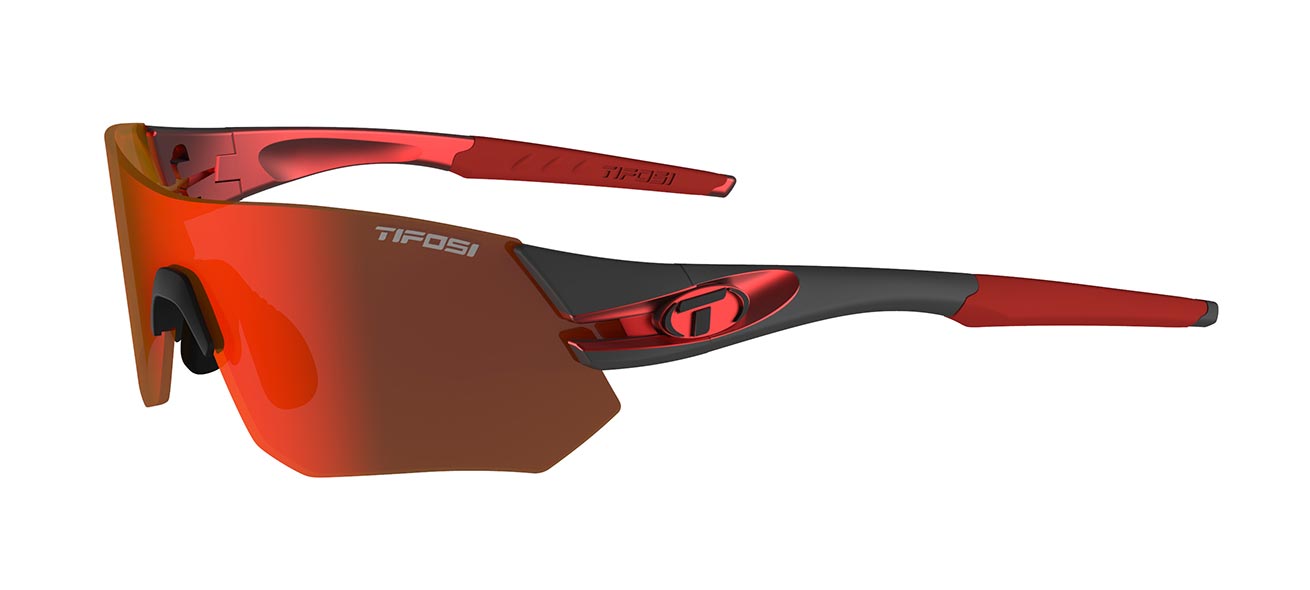 Three-quarter view of the Tsali Gunmetal Red interchangeable sunglass with Clarion Red lens