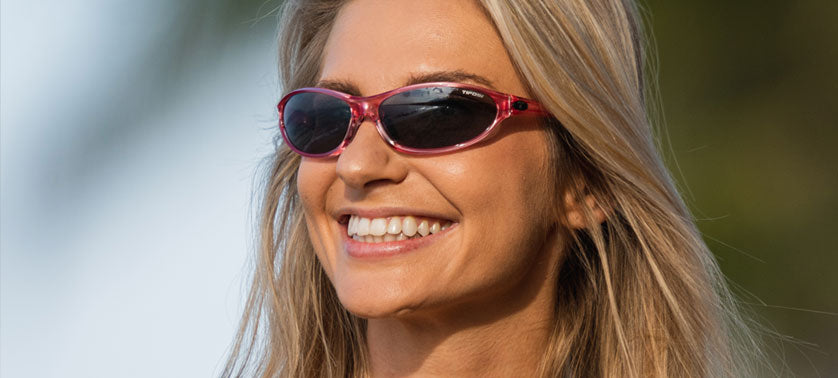 Female with Alpe 2.0 Crystal Pink running eyewear