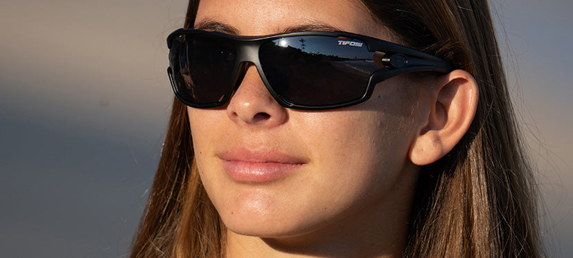 Female with Amok Matte Black Interchange sunglasses