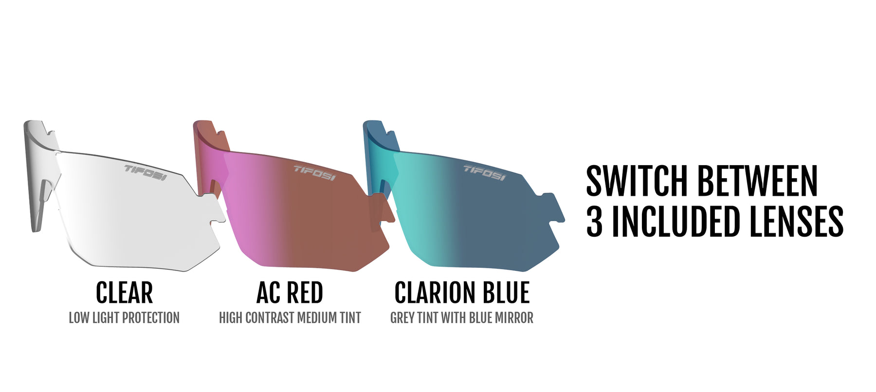 image showing a clear, all-conditions red, and Clarion Blue lens for Tsali model sunglass