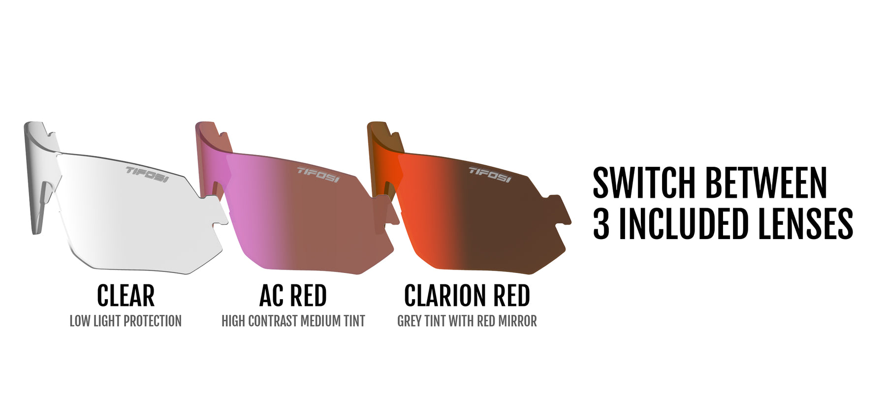 image showing a clear, all-conditions red, and Clarion Red lens for Tsali model sunglass