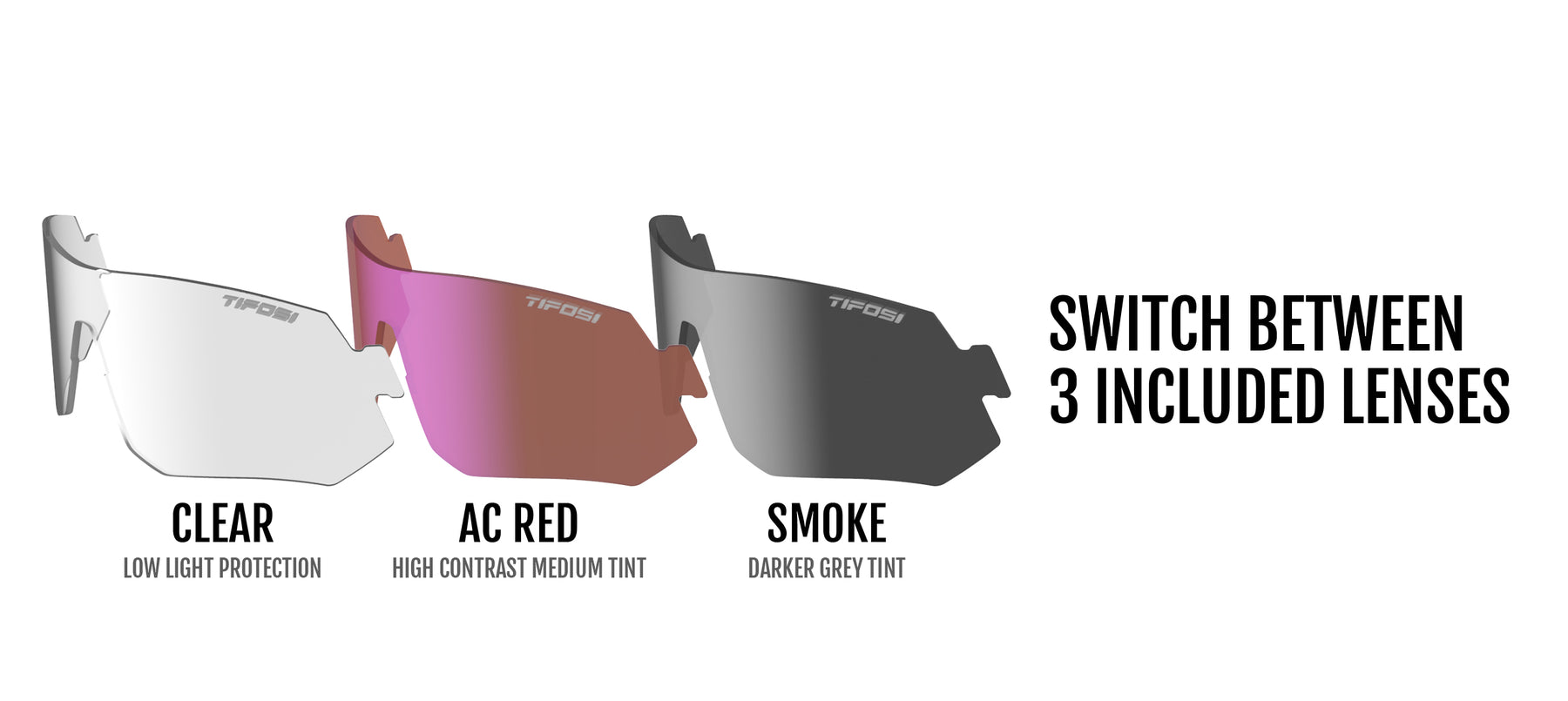 image showing a clear, all-conditions red, and Smoke lens for Tsali model sunglass