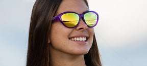 female wearing shirley ultra violet with smoke yellow lenses