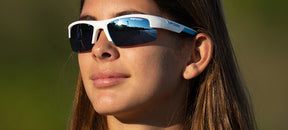 female wearing Shutout sport sunglass in matte white