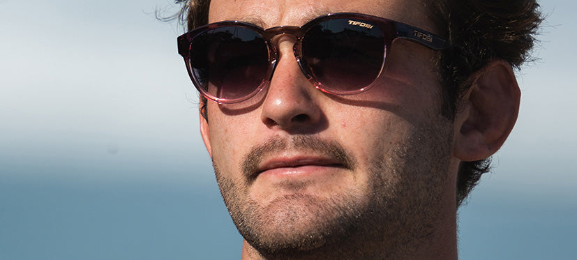 Male wearing Svago crystal peach blush lifestyle sport sunglasses