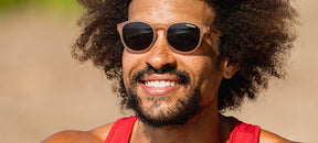 Male wearing Svago satin crystal brown lifestyle sport sunglasses