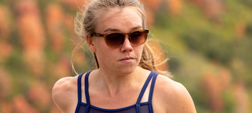 Female runner wearing Swank crystal brown onyx sunglasses
