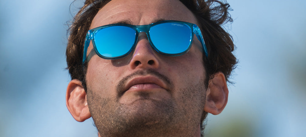 Male wearing Swank crystal sky blue sunglasses