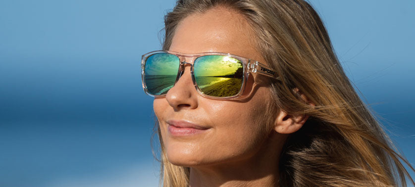 Female wearing Swick crystal clear sunglasses