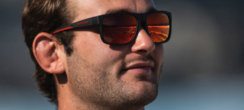 Male wearing Swick satin black crimson sunglasses