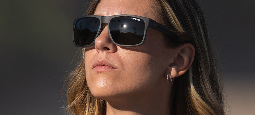 Female wearing Swick satin vapor sunglasses