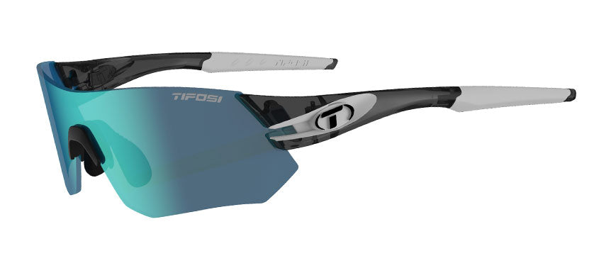 Three-quarter view of the Tsali Crystal Smoke interchangeable sunglass with Clarion Blue lens
