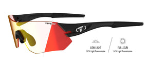 three-quarter angled Image of Tsali Matte Black sunglass showing the the Clarion Red Fototec photochromic lens
